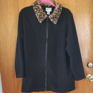 Fashion Bug Black Zip Up Cheetah Collar Top